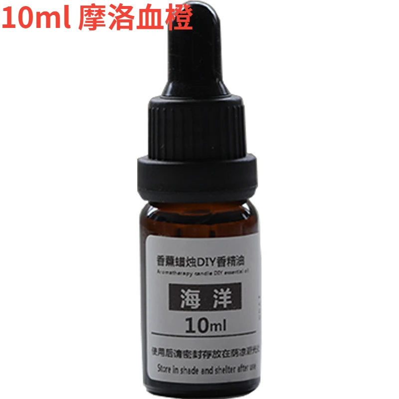 10ml amber glass essential oil bottle with a black dropper cap and a white label, isolated on a white background.