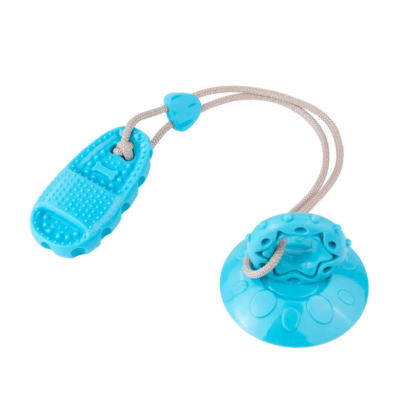 Bright blue, durable suction cup dog toy with a textured chewing end and sturdy cord tether on a white background.