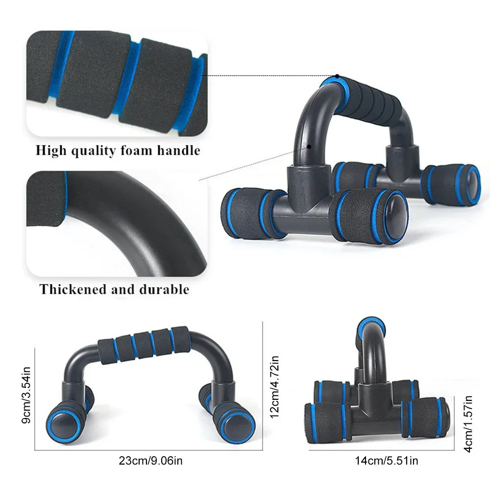 Black and blue push-up bars with foam handles, shown from various angles with product dimensions.