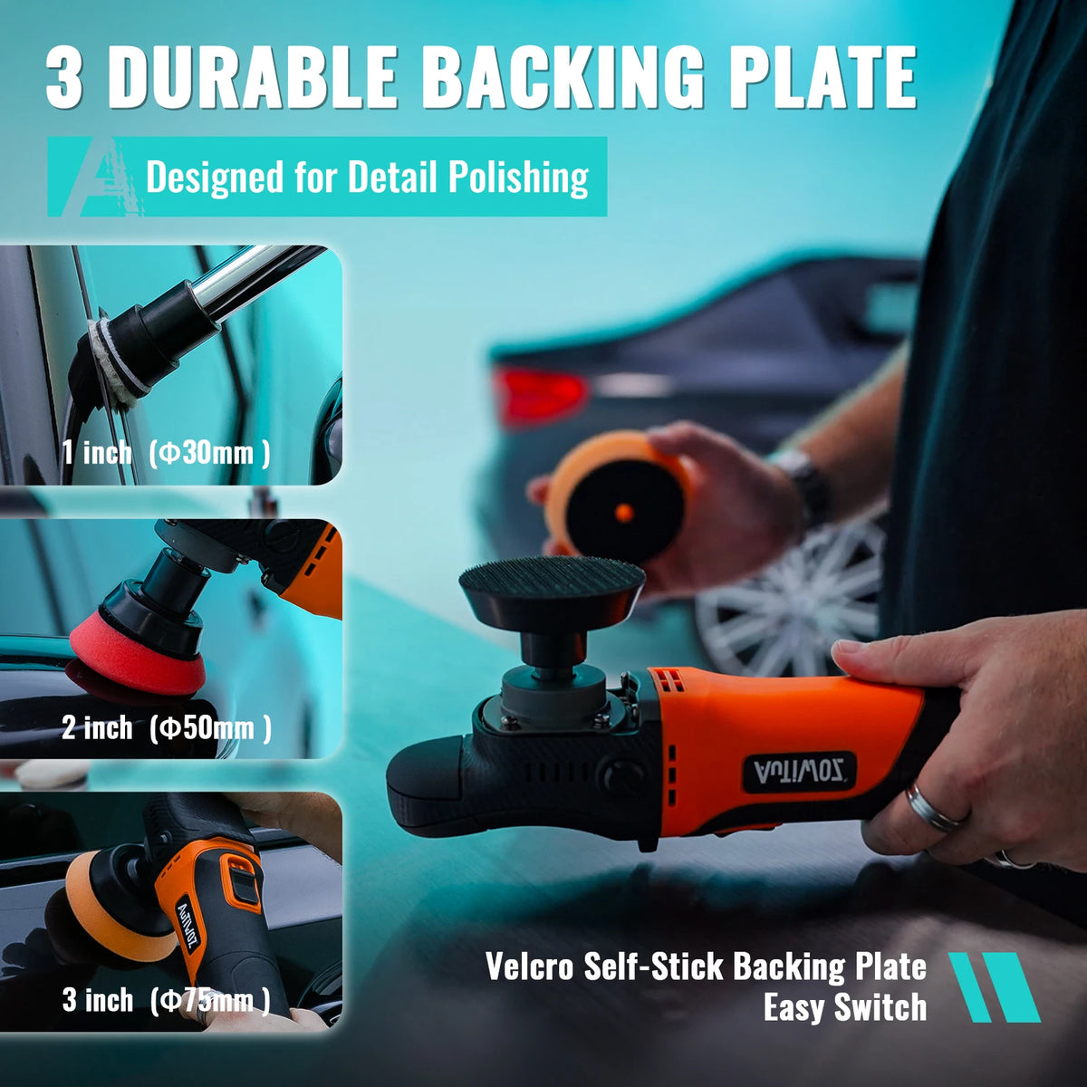 AUTIWOZ orange and black mini car polisher with carbon fiber style and interchangeable 1, 2, and 3-inch Velcro backing plates.