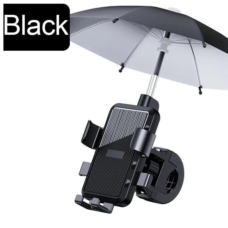 Black mobile phone holder for handlebars with an attached protective mini sun umbrella for screen shade.