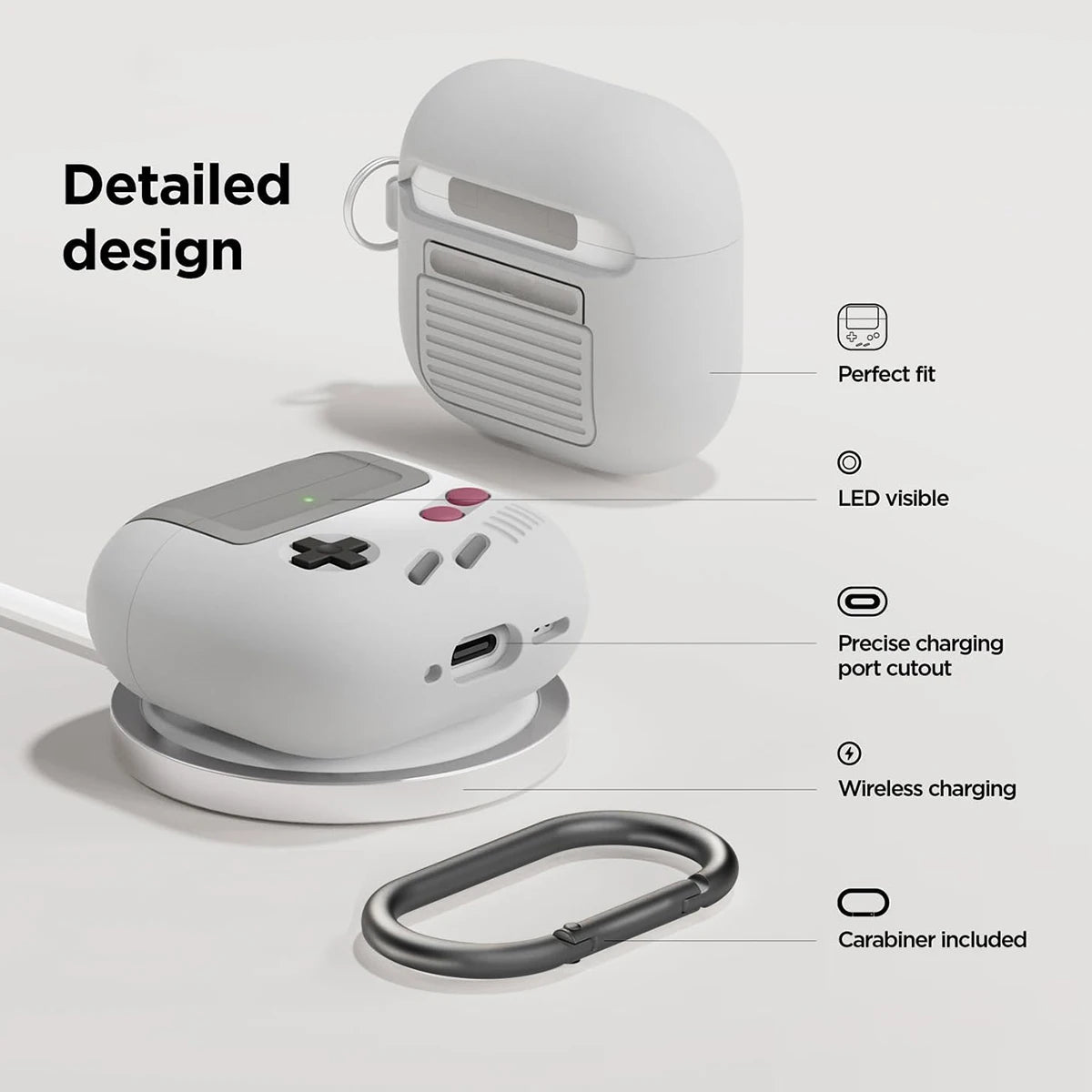 Light grey silicone AirPods case with retro handheld gaming console design, including carabiner.
