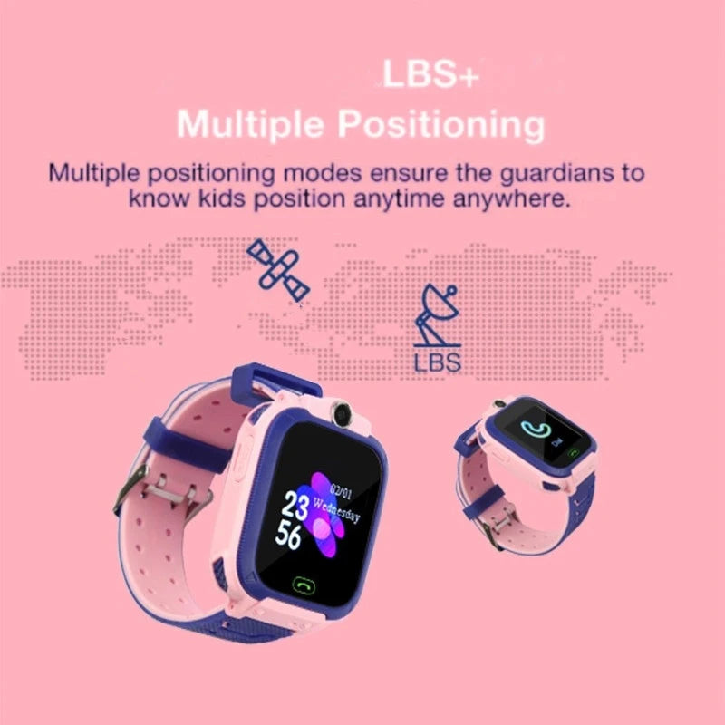 Pink and blue kids’ smart watch with a camera, touchscreen, and GPS positioning features on a pink background.