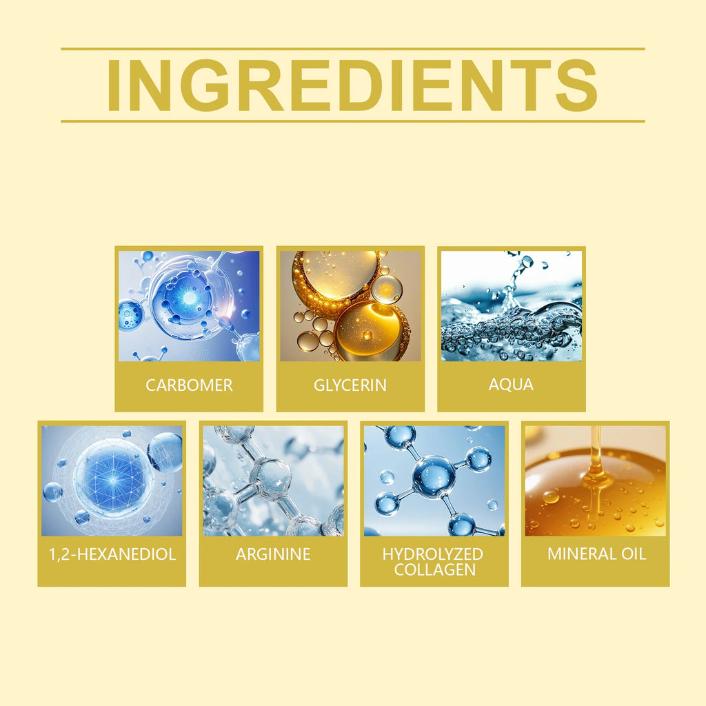 A grid of seven beauty product ingredients shown as scientific illustrations of molecules, water, and oil.
