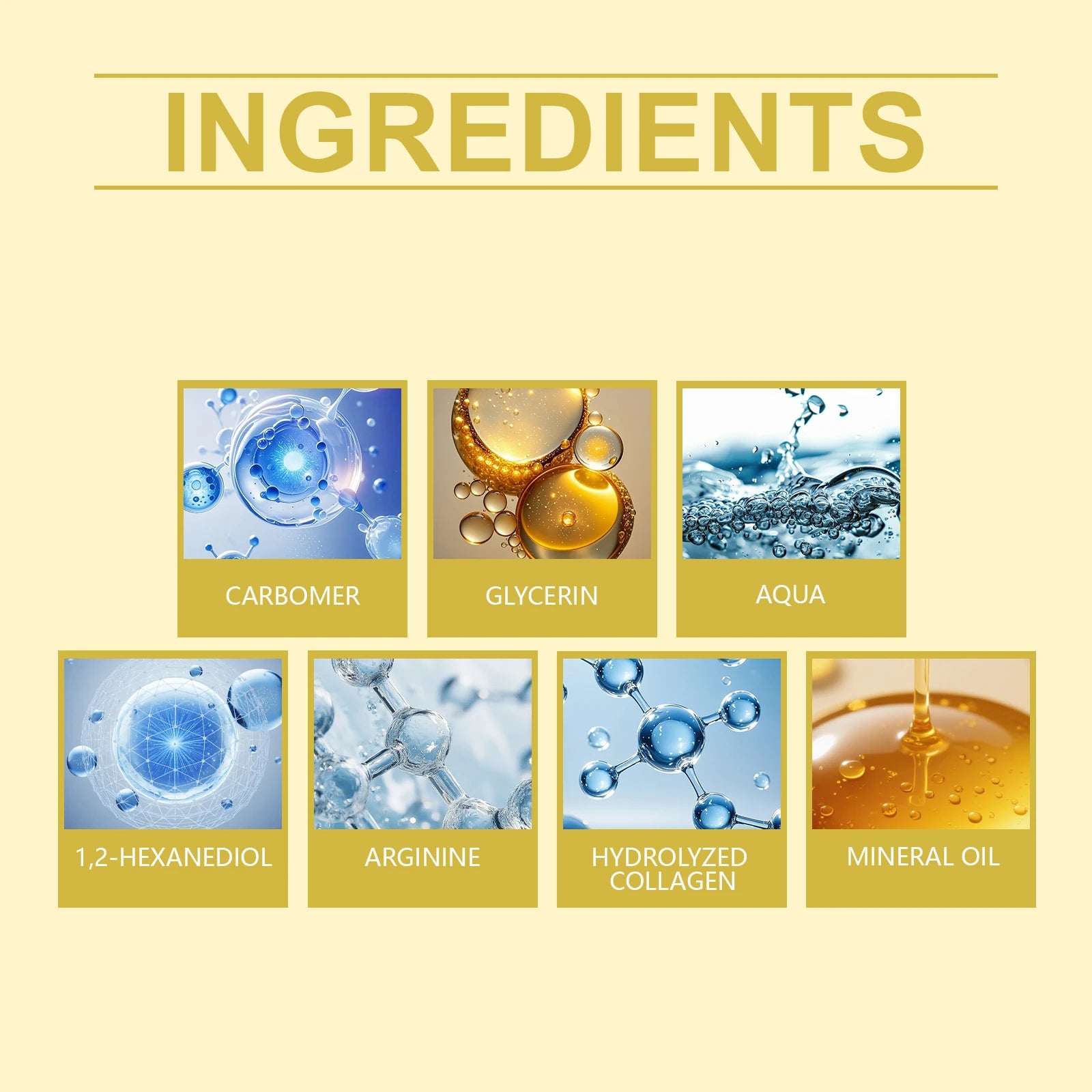 A grid of seven beauty product ingredients shown as scientific illustrations of molecules, water, and oil.