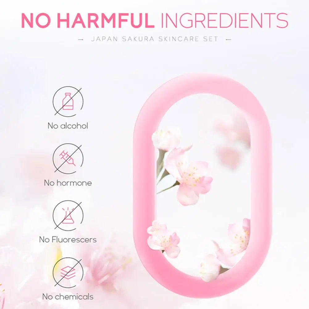Pink Sakura skincare set infographic highlighting no alcohol, hormones, fluorescers, or harsh chemicals.