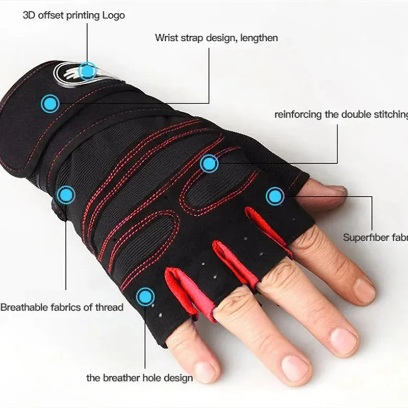 Black fingerless gym glove with red stitching, lengthened wrist support, and breathable ventilation holes.