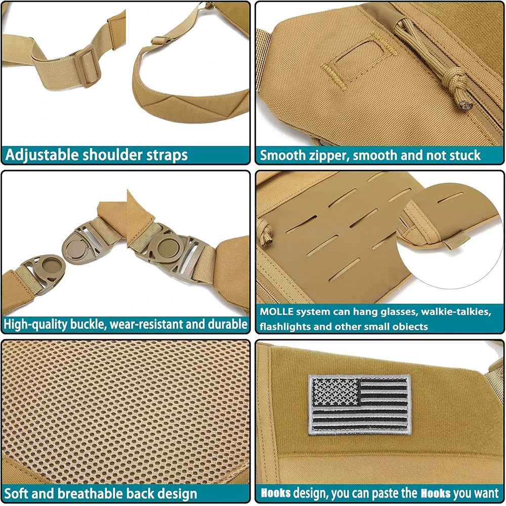 Tan tactical crossbody sling bag featuring adjustable straps, durable buckles, MOLLE webbing, and breathable mesh backing.