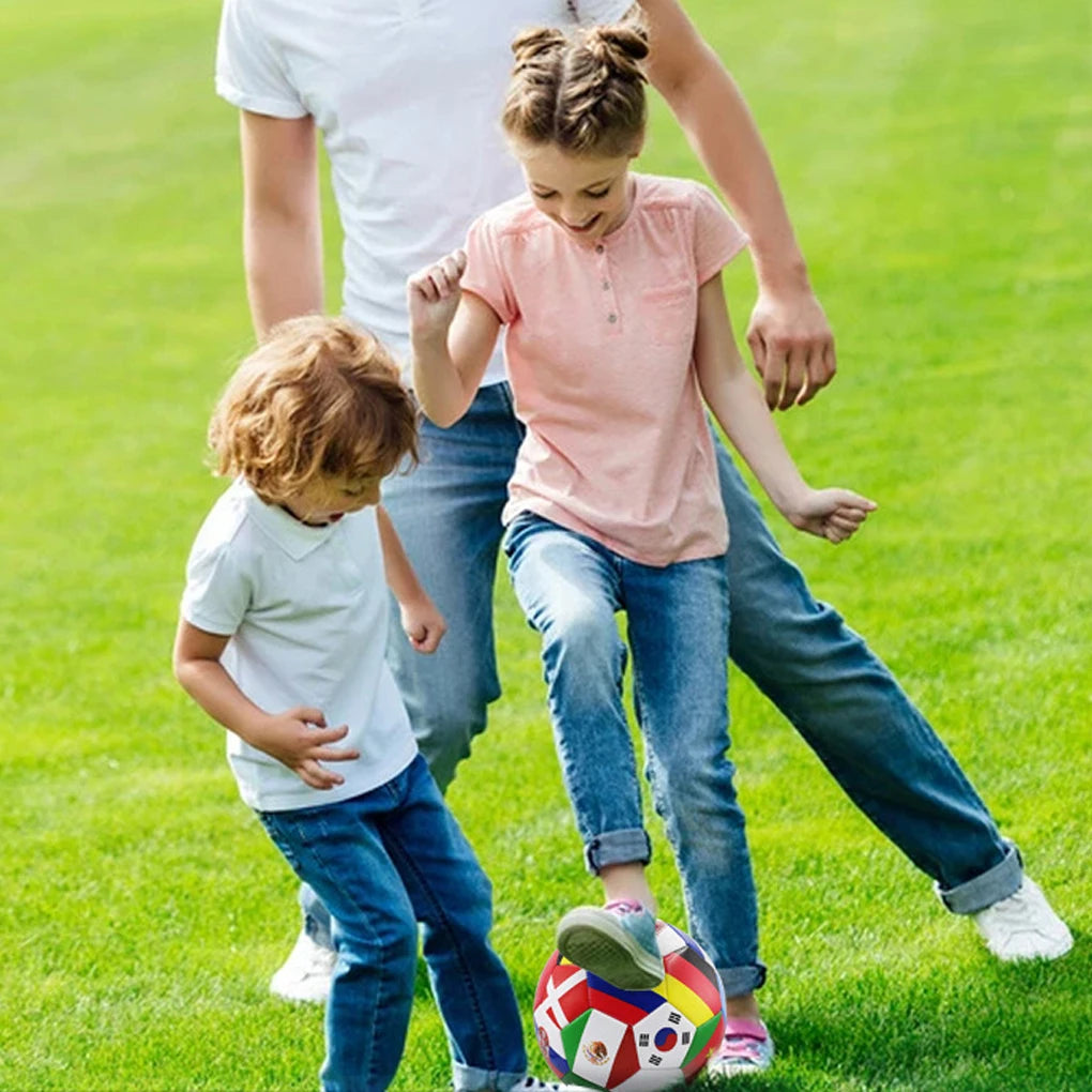 A fun multi-coloured football decorated with international country flags, being played with by a family on grass.