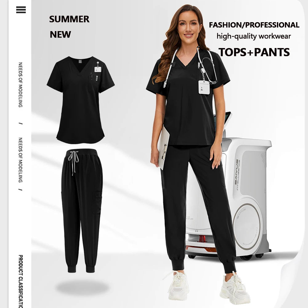 A woman wearing a black unisex medical scrub set featuring a V-neck top, utility pockets, and cuffed jogger trousers.