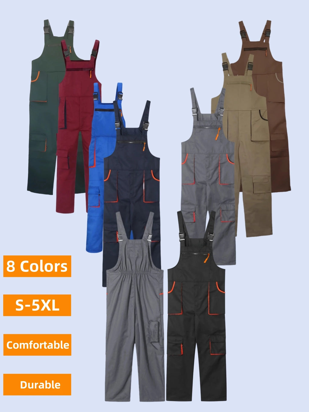 Heavy-duty workshop dungarees available in 8 colours, featuring multiple utility pockets and adjustable buckle straps.