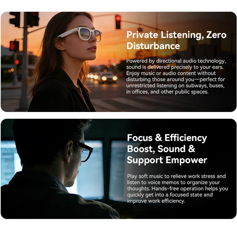 A woman wears white, stylish smart glasses outdoors, while a man uses black frames while working on a computer.