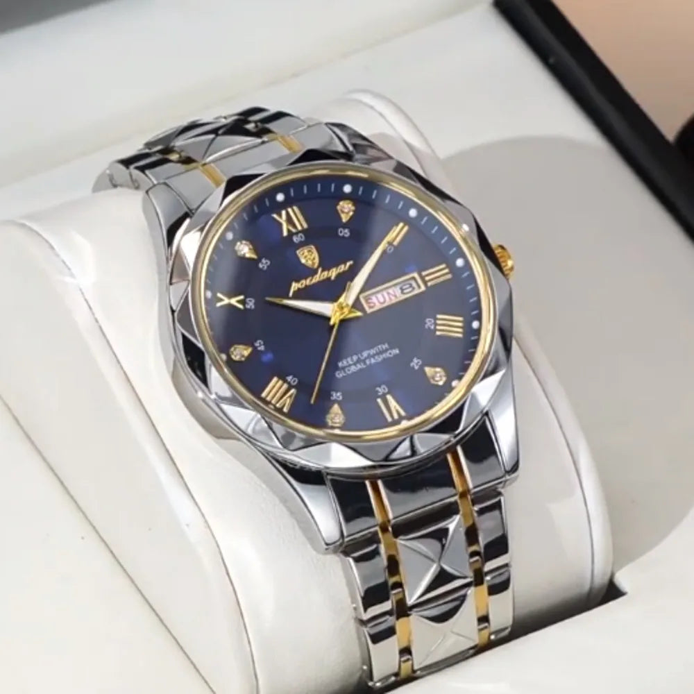 POEDAGAR men's quartz watch with a blue dial, gold accents, date window, and silver-gold stainless steel band.