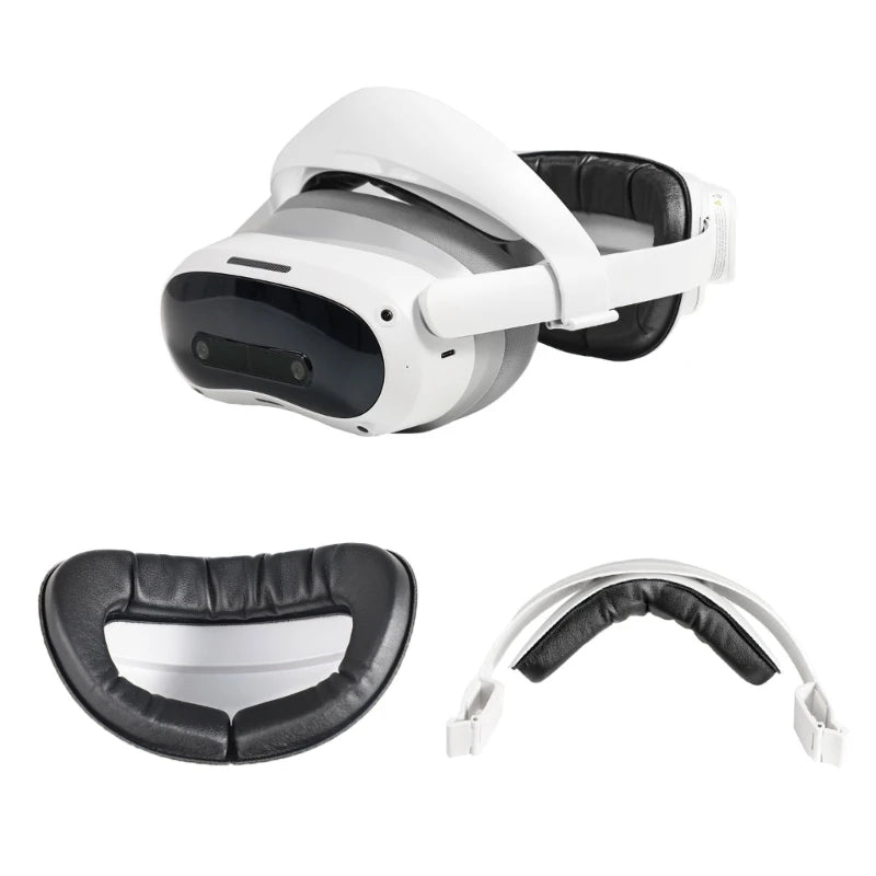 White VR headset with a black padded head strap and face cushion, shown assembled and with individual components.