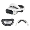 White VR headset with a black padded head strap and face cushion, shown assembled and with individual components.