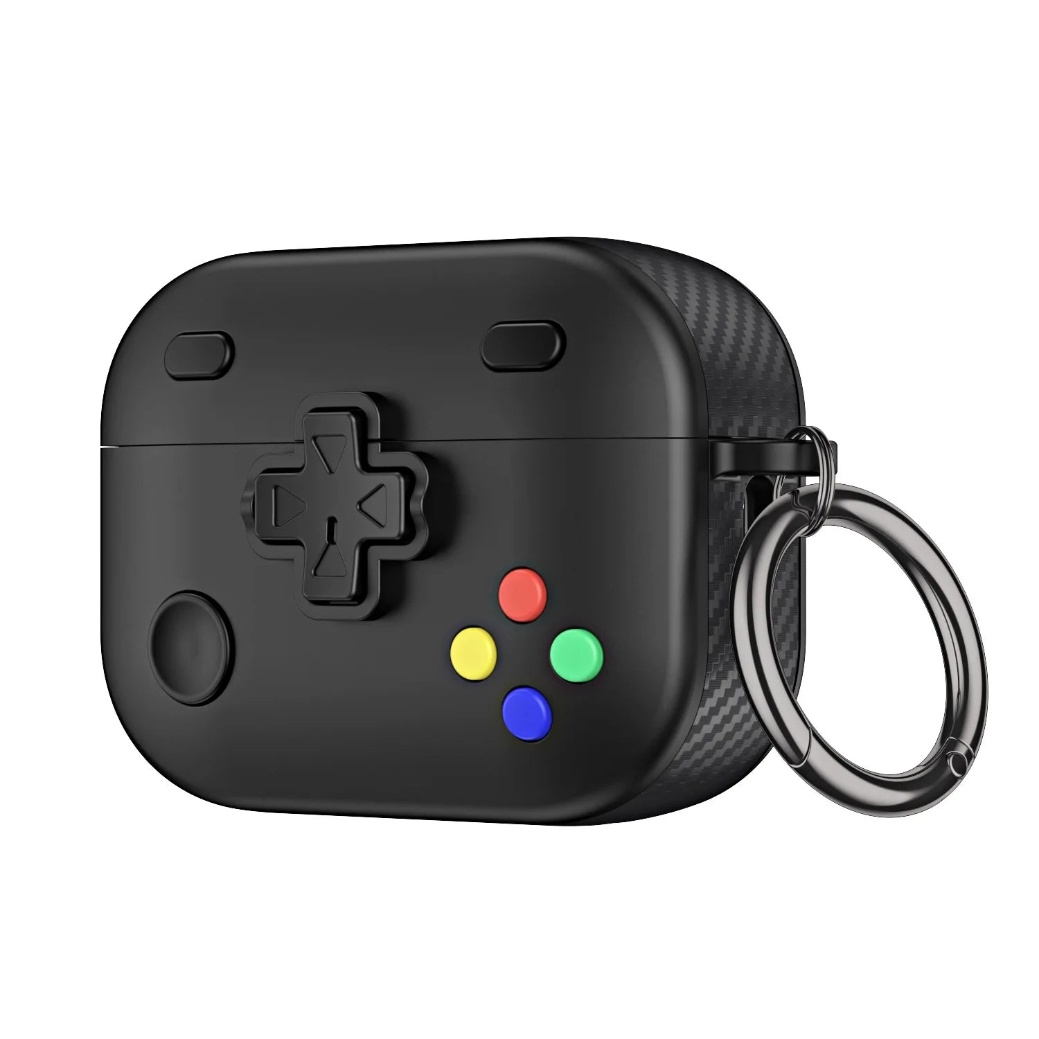 Black carbon fibre-style AirPods Pro case designed like a retro gaming controller with a metal carabiner keyring.