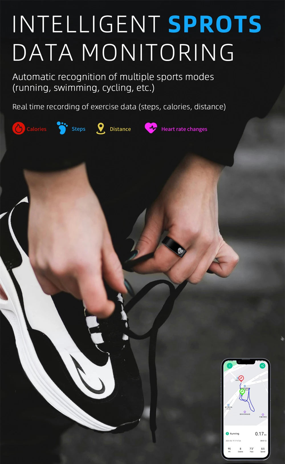 A person wearing a sleek black health-tracking smart ring while tying their trainers, with app data shown on a phone.