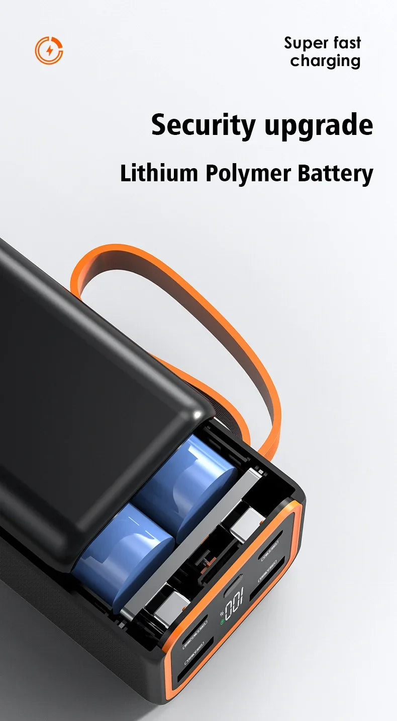 A sleek, black 20,000mAh portable power bank with an orange strap, internal battery view, and digital display.