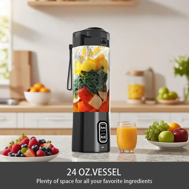 Black portable personal blender filled with fruit and greens, featuring an auto and pulse control panel.