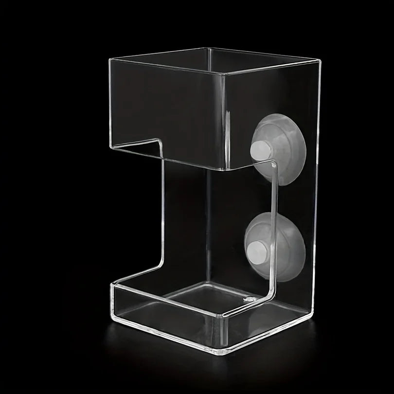 Clear acrylic wall-mount shower organizer with two suction cups on a black background.