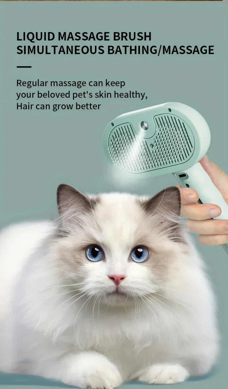 A hand holds a mint green handheld pet massage brush spraying a fine mist onto a fluffy white cat with blue eyes.