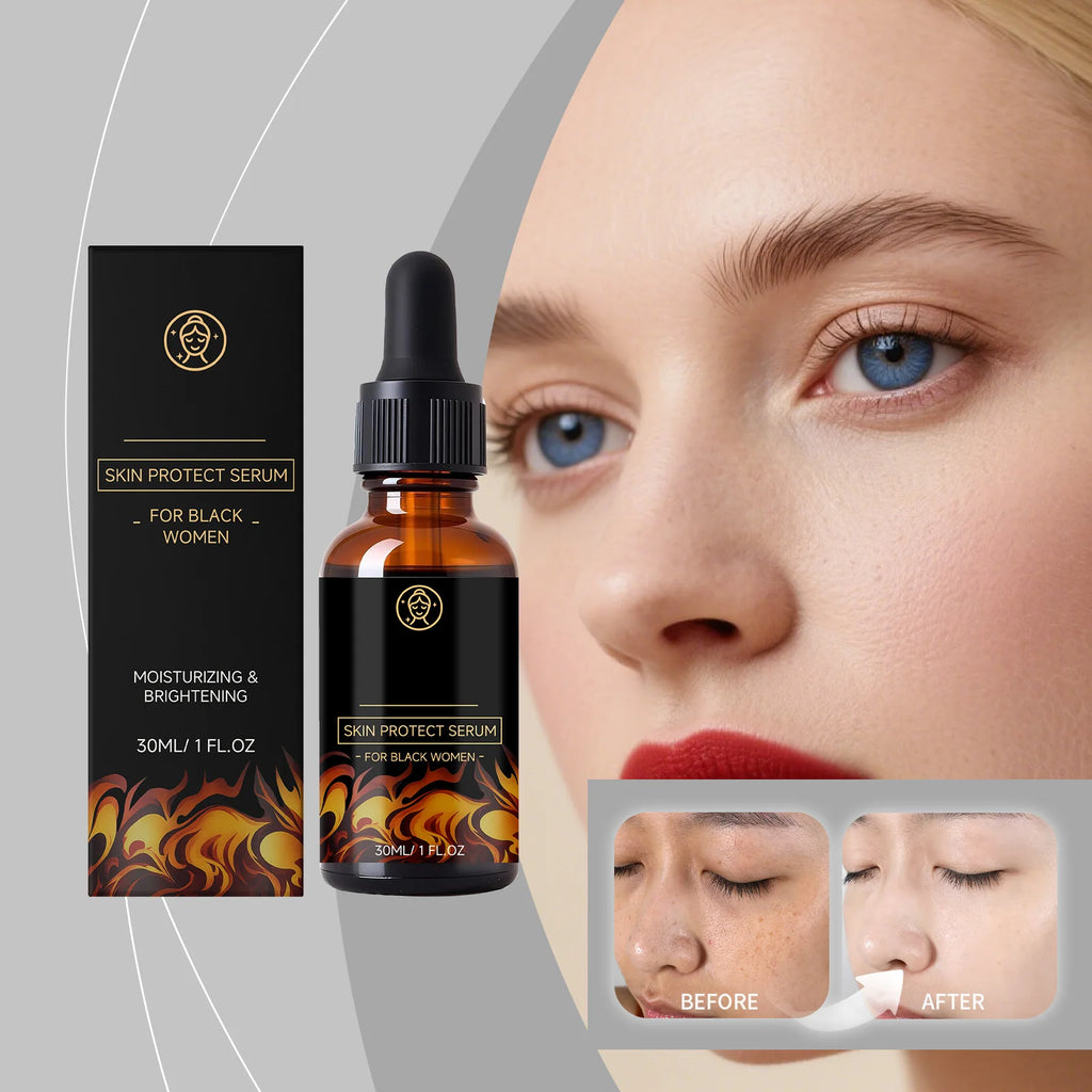 30ml Skin Protect moisturizing and brightening face serum in an amber glass dropper bottle with box. Before/after imagery.