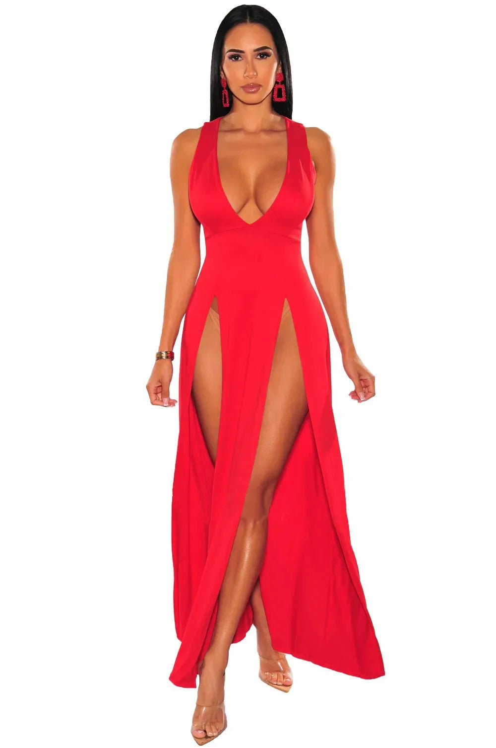 Red maxi bodycon dress with deep V-neck and dual high thigh slits worn by a woman.