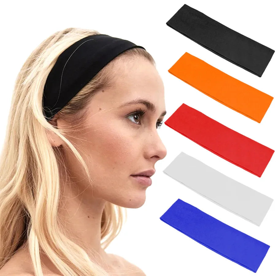 A blonde woman wearing a black sports headband, with additional headbands shown in black, orange, red, white, and blue.