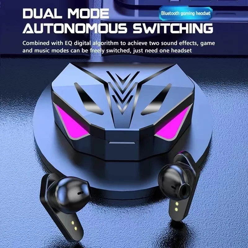 Black wireless gaming earbuds with a sleek, angular charging case featuring pink LED lights and a futuristic design.