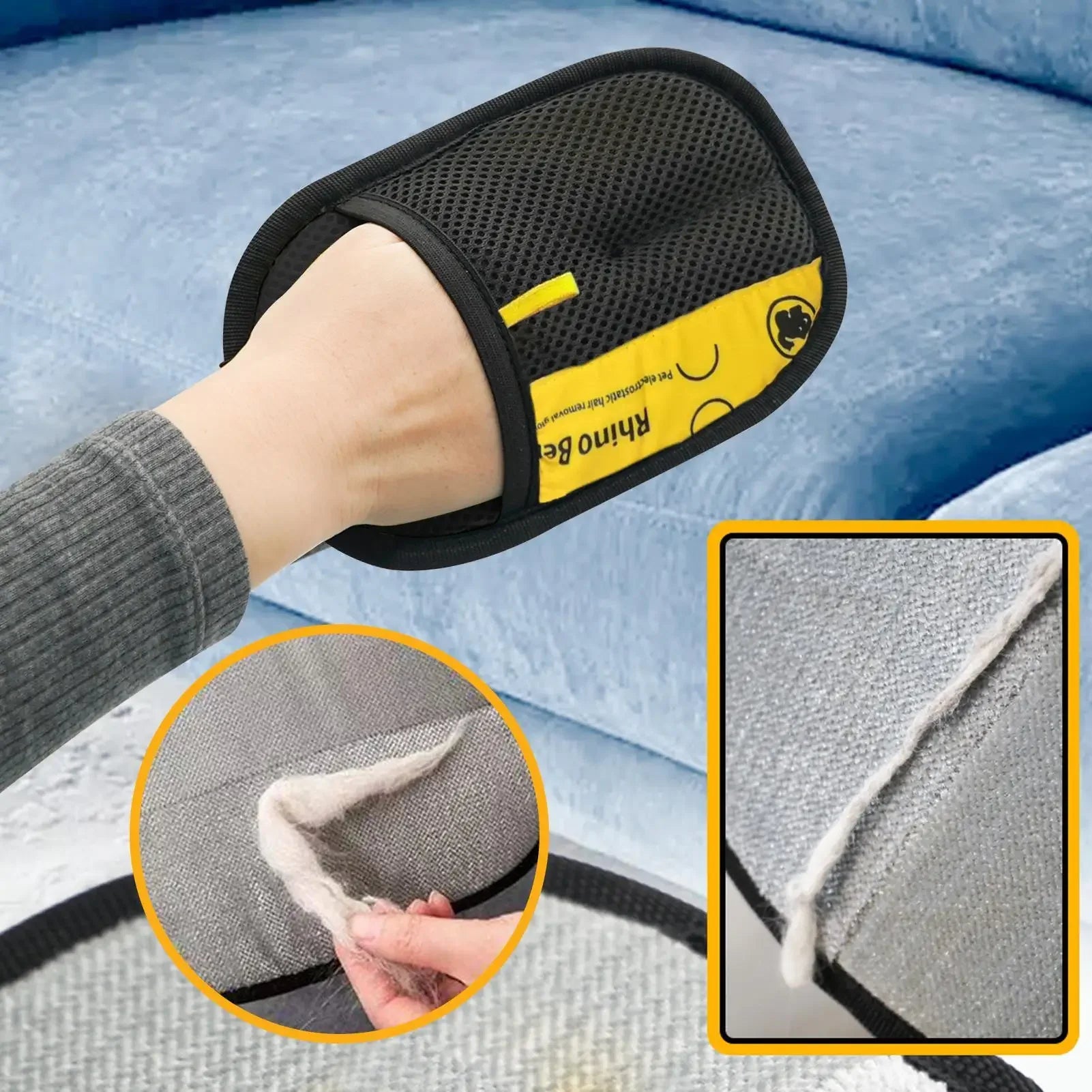 Black and yellow Rhino Bear pet hair removal mitt shown being used to collect lint from grey fabric.