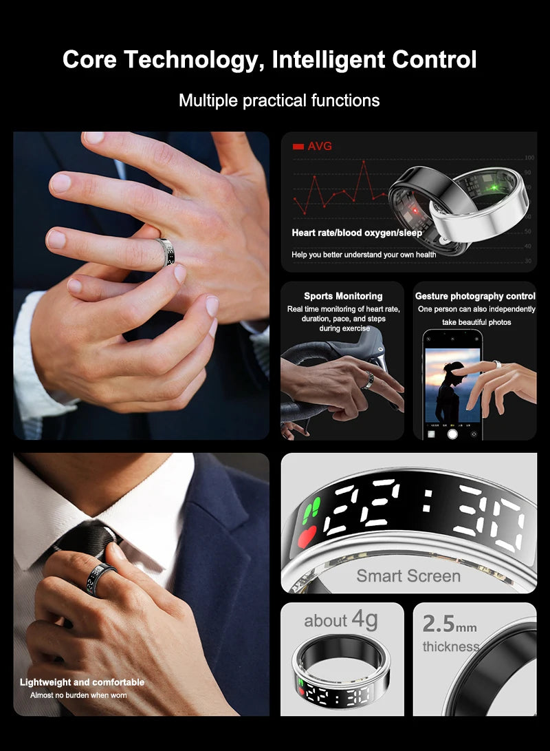 Sleek, lightweight silver and black smart health ring with an integrated LED screen for tracking fitness and sleep.