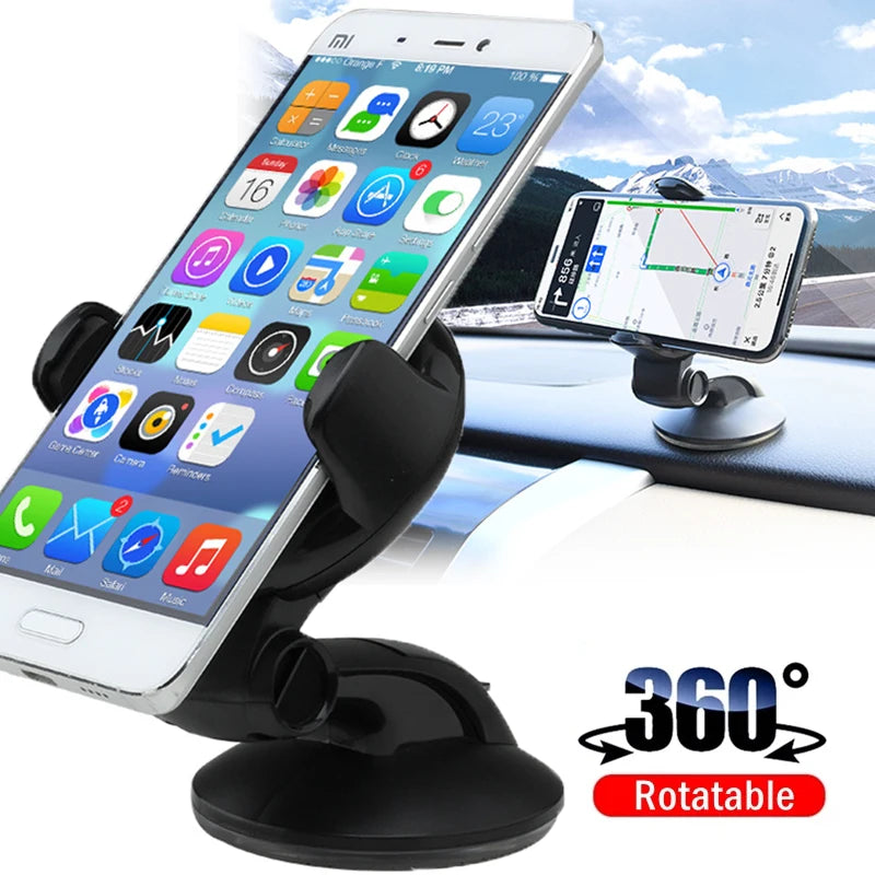 Black universal car phone mount with a strong suction cup base, featuring a 360-degree rotatable design.