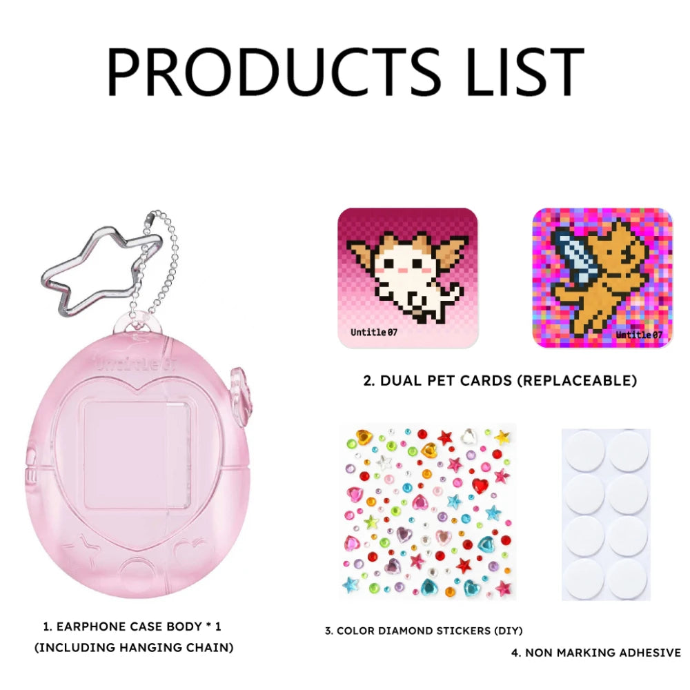 Pink, heart-shaped clear AirPods case with star keychain, replaceable pet cards, and DIY decorative gems.
