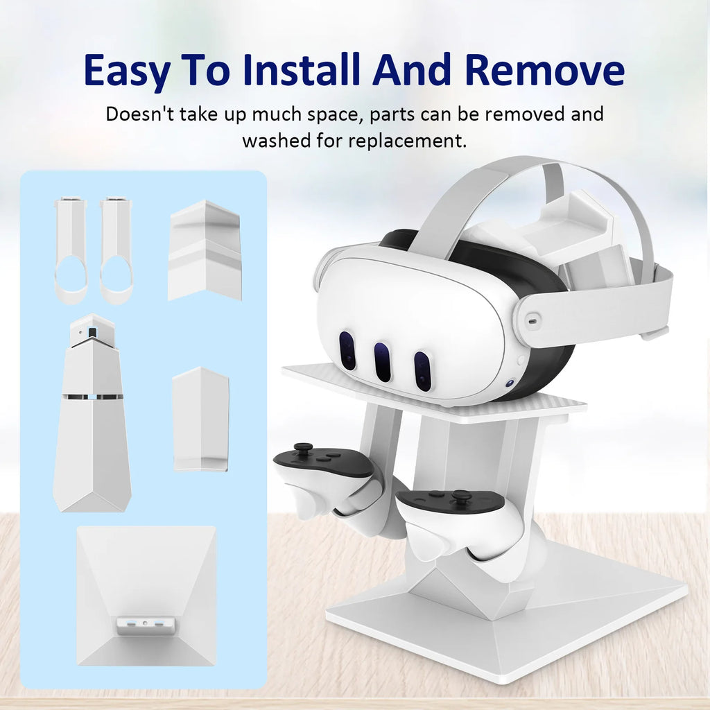 White VR headset and controller stand with a modular, sleek design, showing parts for easy assembly and storage.
