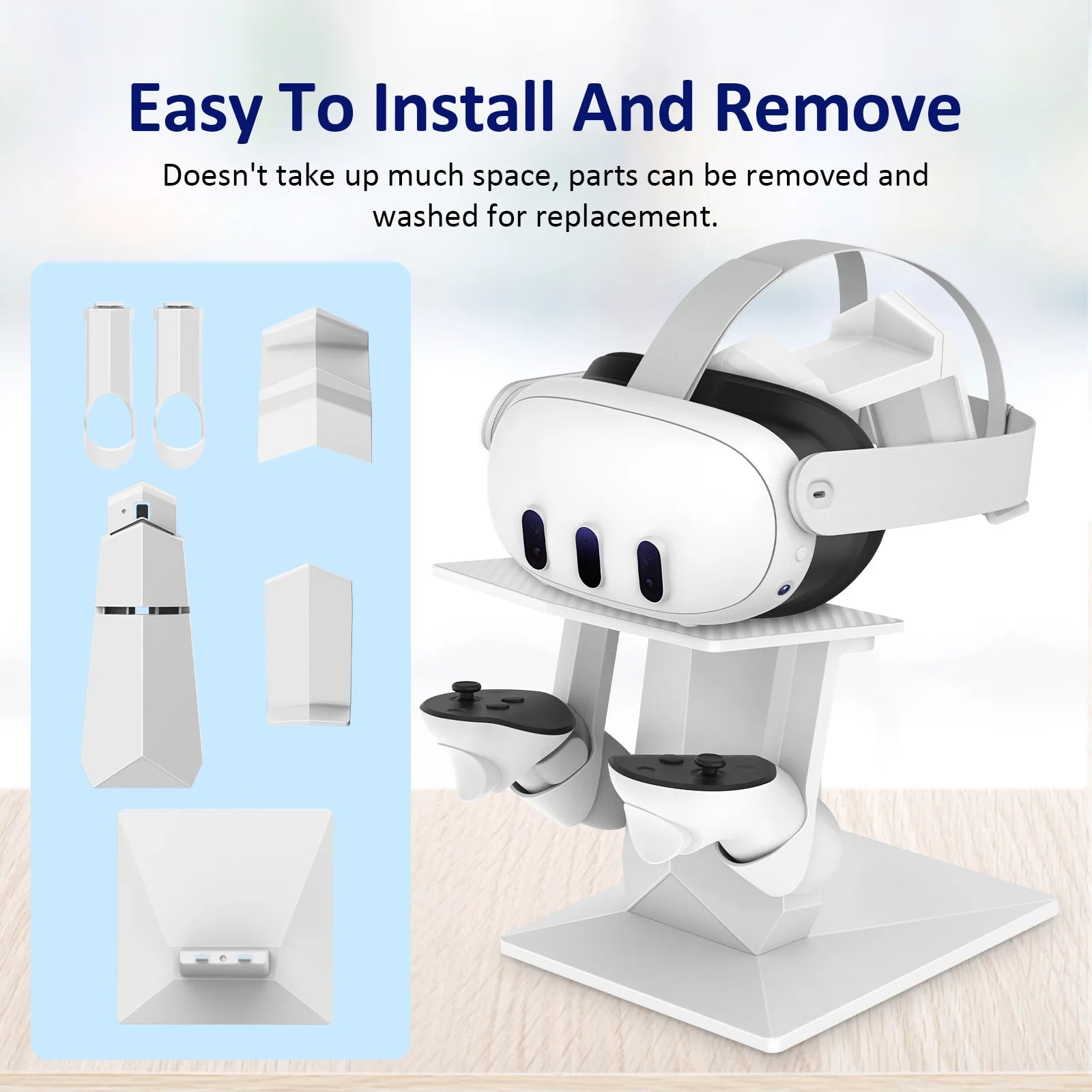 White VR headset and controller stand with a modular, sleek design, showing parts for easy assembly and storage.