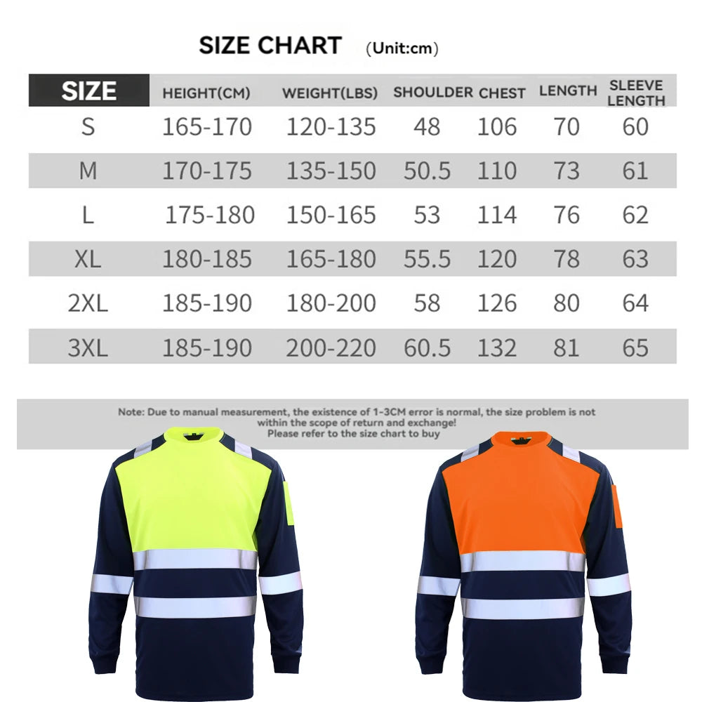 Long-sleeve hi-vis work shirts in yellow or orange with navy blue sleeves and reflective strips. Size chart included.