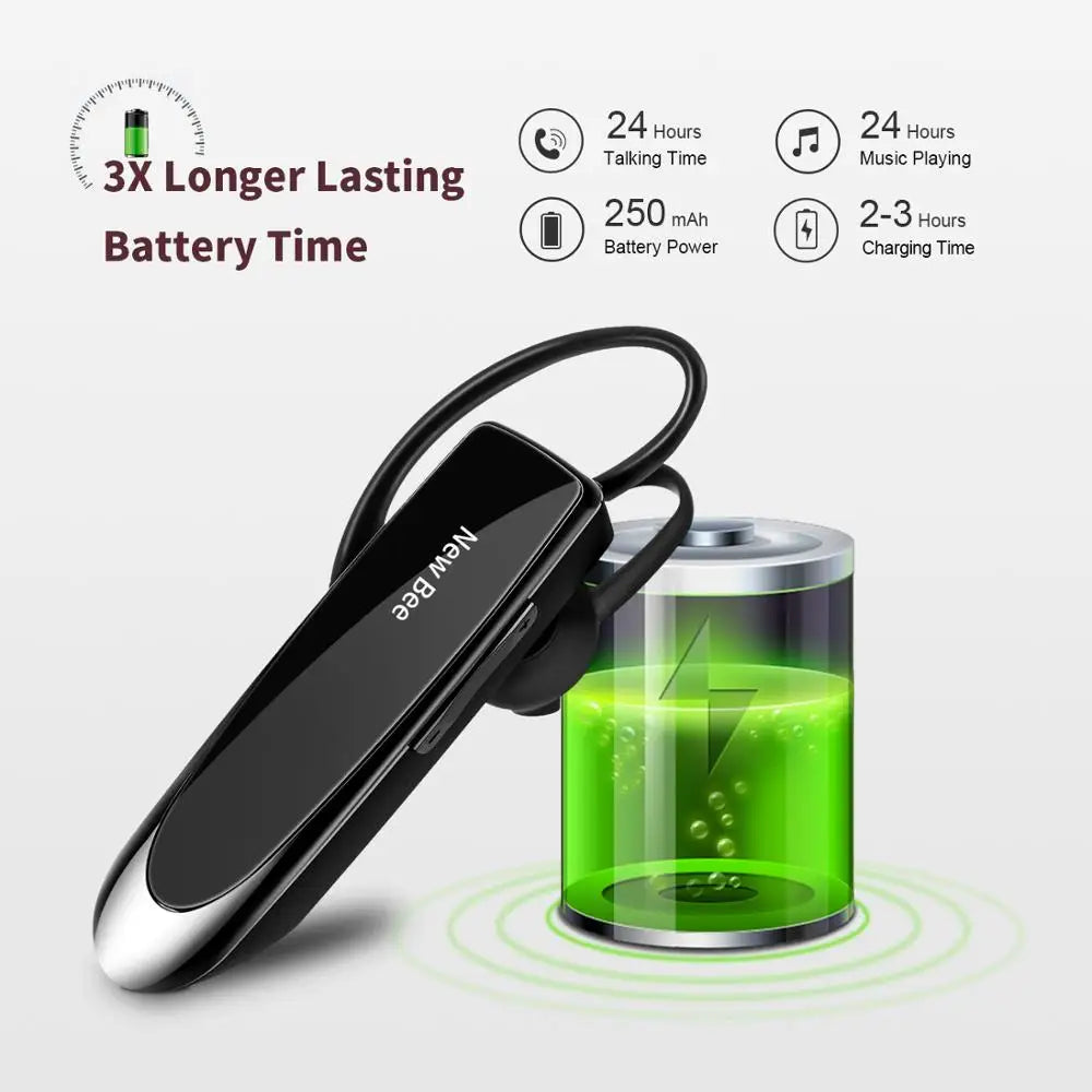 Sleek black wireless business headset with ear hook, featuring a 24-hour battery life and fast charging.