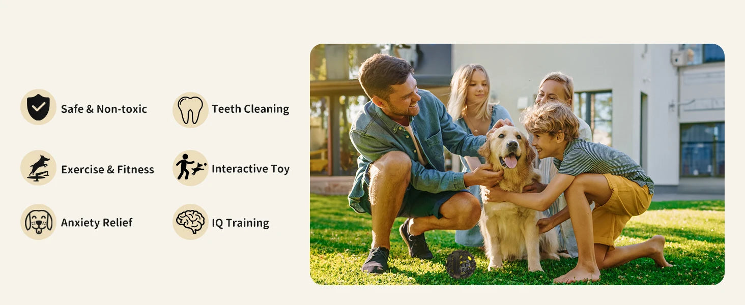 A family playing on a lawn with their golden retriever next to a durable black interactive giggle ball dog toy.