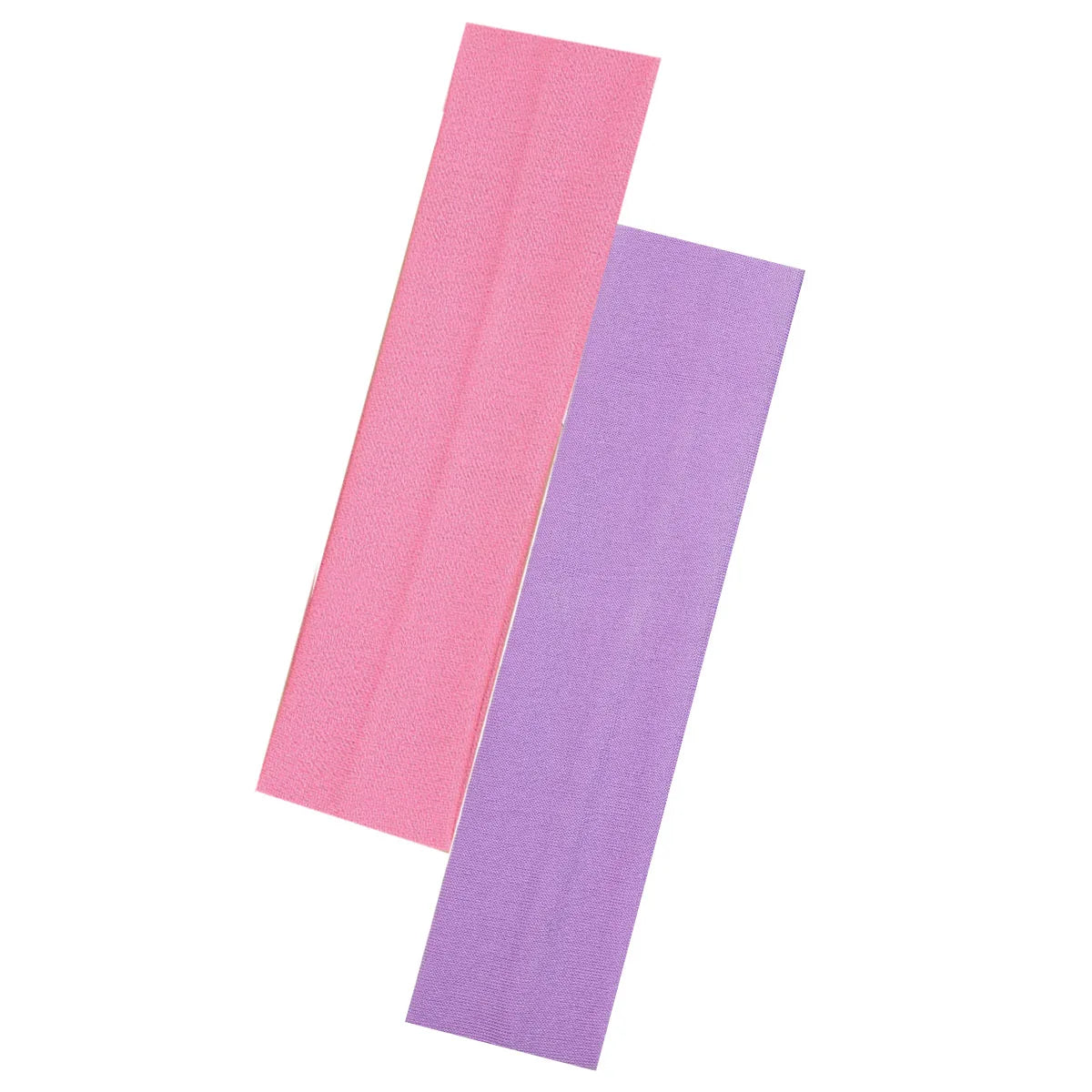Two plain, flat fabric headbands in bright pink and lilac, angled against a white background.