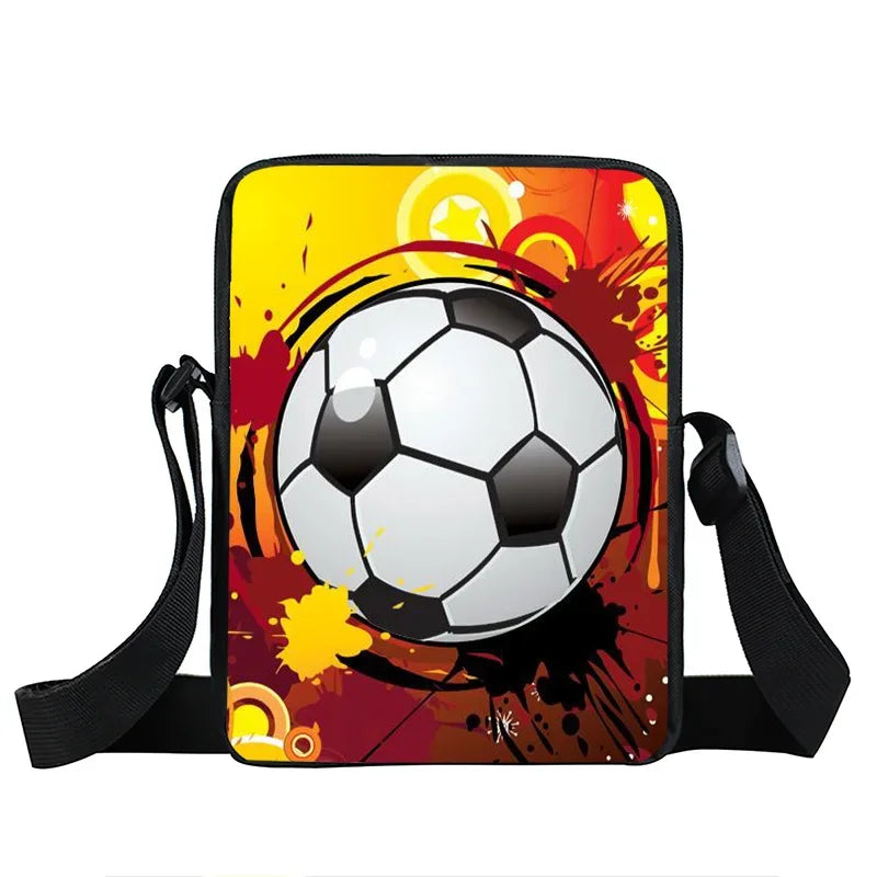 Shoulder bag with a black and white football design on a vibrant yellow and red abstract paint splash background.