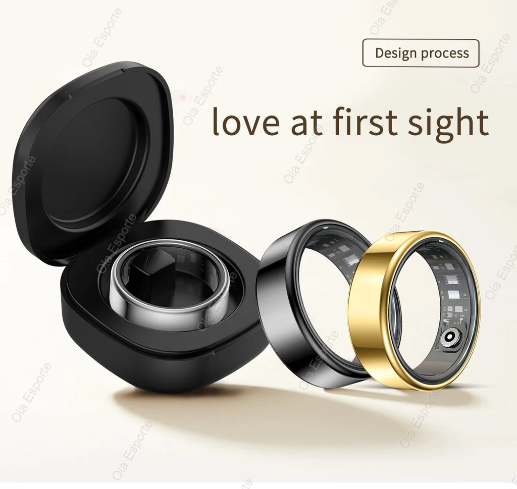 Sleek black and gold health tracking smart rings, one displayed in a compact black charging case.