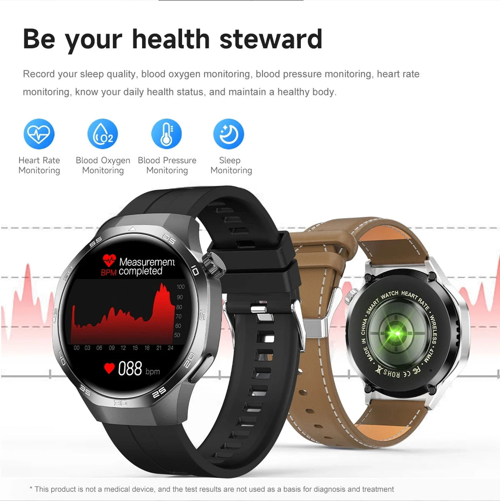 Smart watch with HD display, heart rate monitor, and choice of black silicone or brown leather strap.