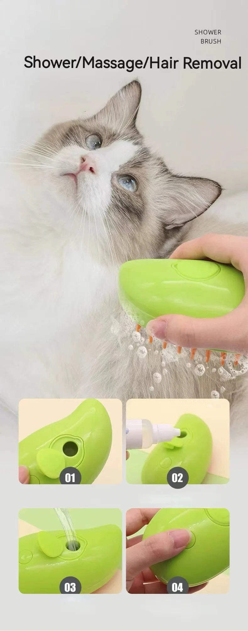 A hand uses a green soap-dispensing pet shower brush to wash and groom a cat.