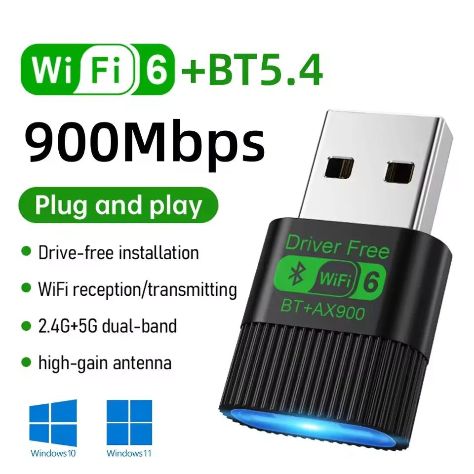 Compact black USB Wi-Fi 6 and Bluetooth 5.4 adapter with green branding and a blue-lit base.