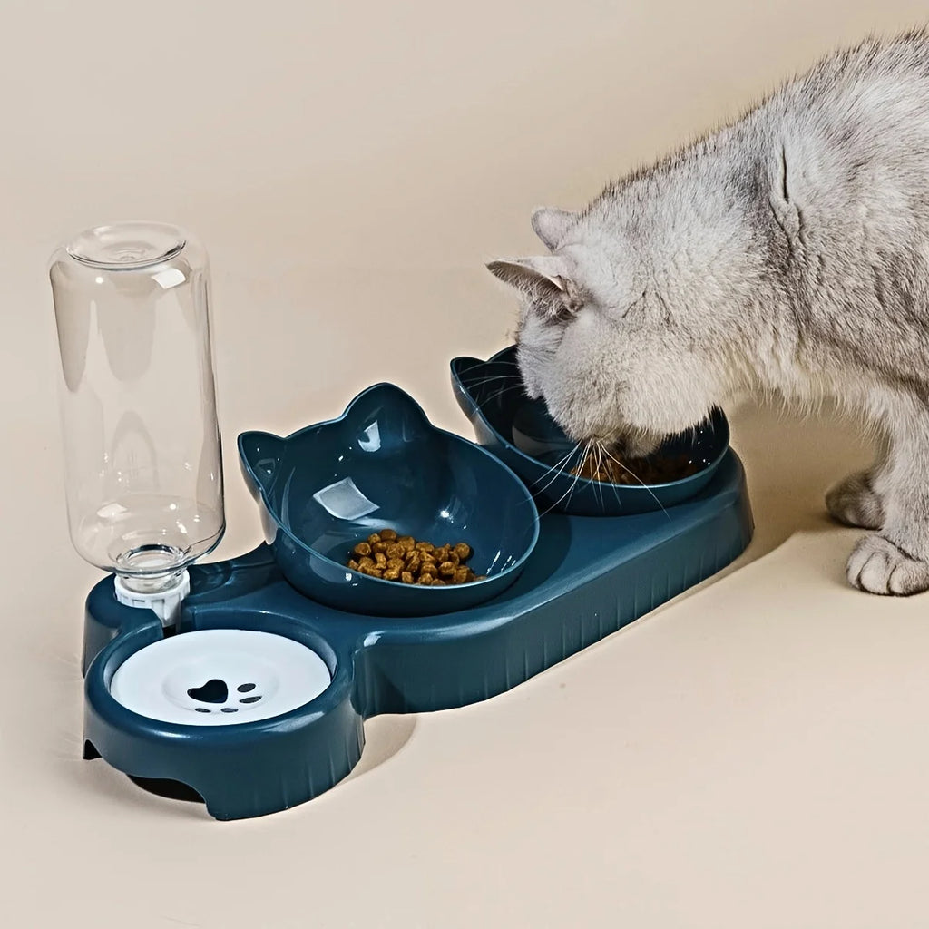 Grey cat eating from a teal 3-in-1 pet feeding station with two food bowls and a clear gravity water dispenser.