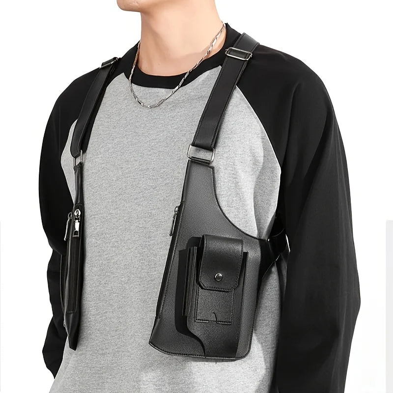 Black multi-pocket utility chest rig with adjustable shoulder straps, worn over a grey and black raglan top.