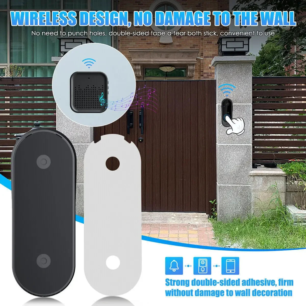 Sleek black wireless HD smart doorbell with night vision, adhesive mounting plate, and indoor chime speaker.