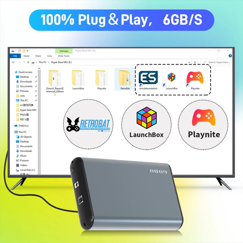 Gray rectangular gaming HDD connected to a monitor showing RetroBat, LaunchBox, and Playnite software.