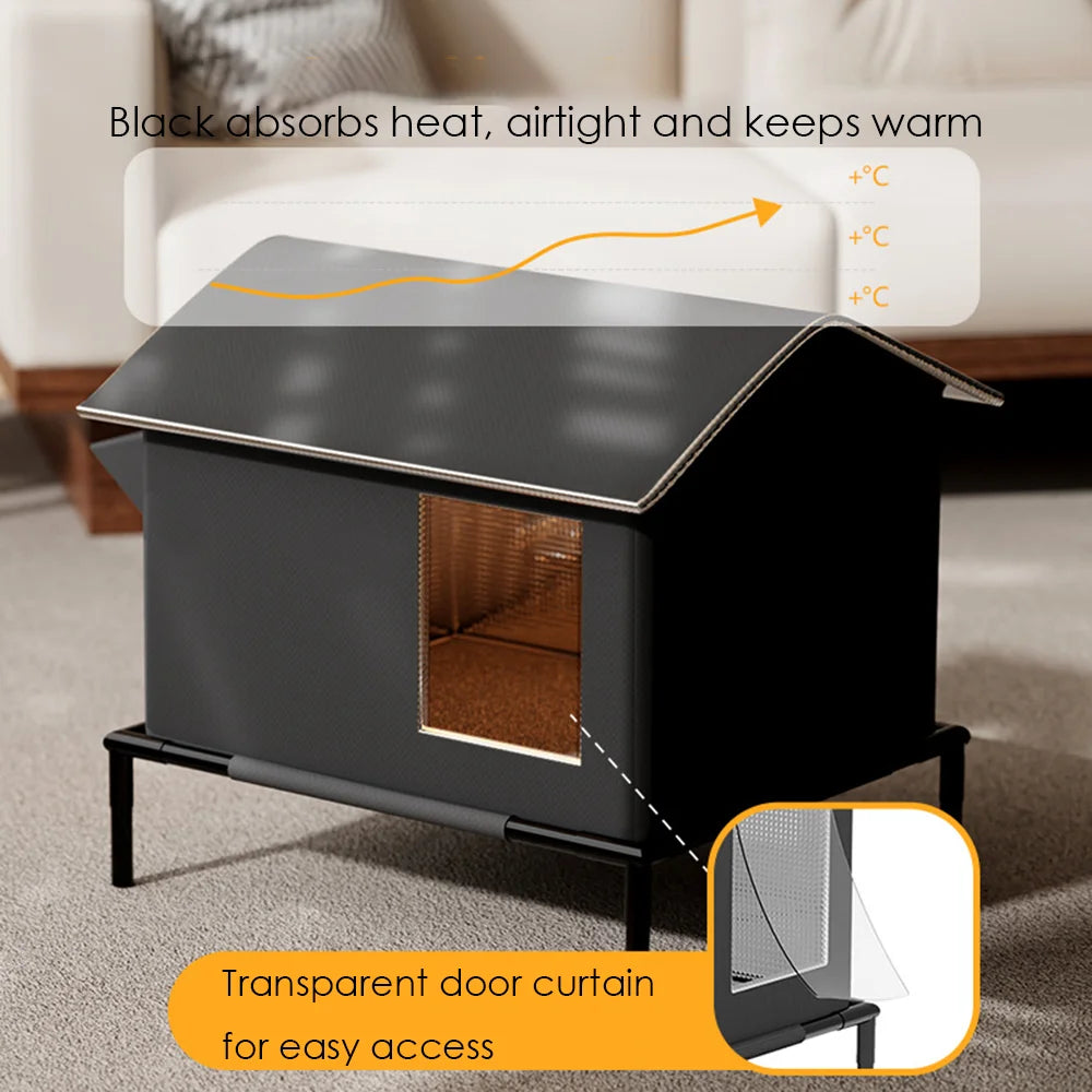 Black, waterproof outdoor cat shelter on raised legs, featuring an insulated interior and transparent door curtain.