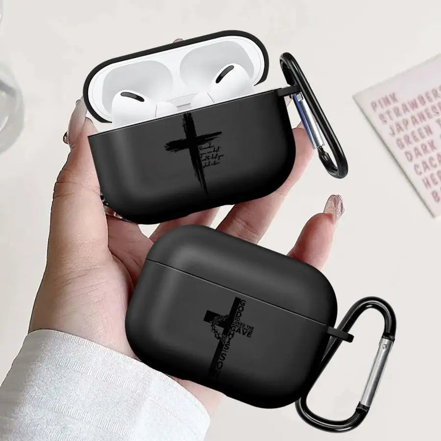 Black matte silicone protective case for AirPods Pro with cross design and metal carabiner clip.